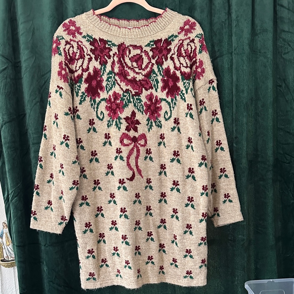 Floral Knit Sweater - Cream and Red